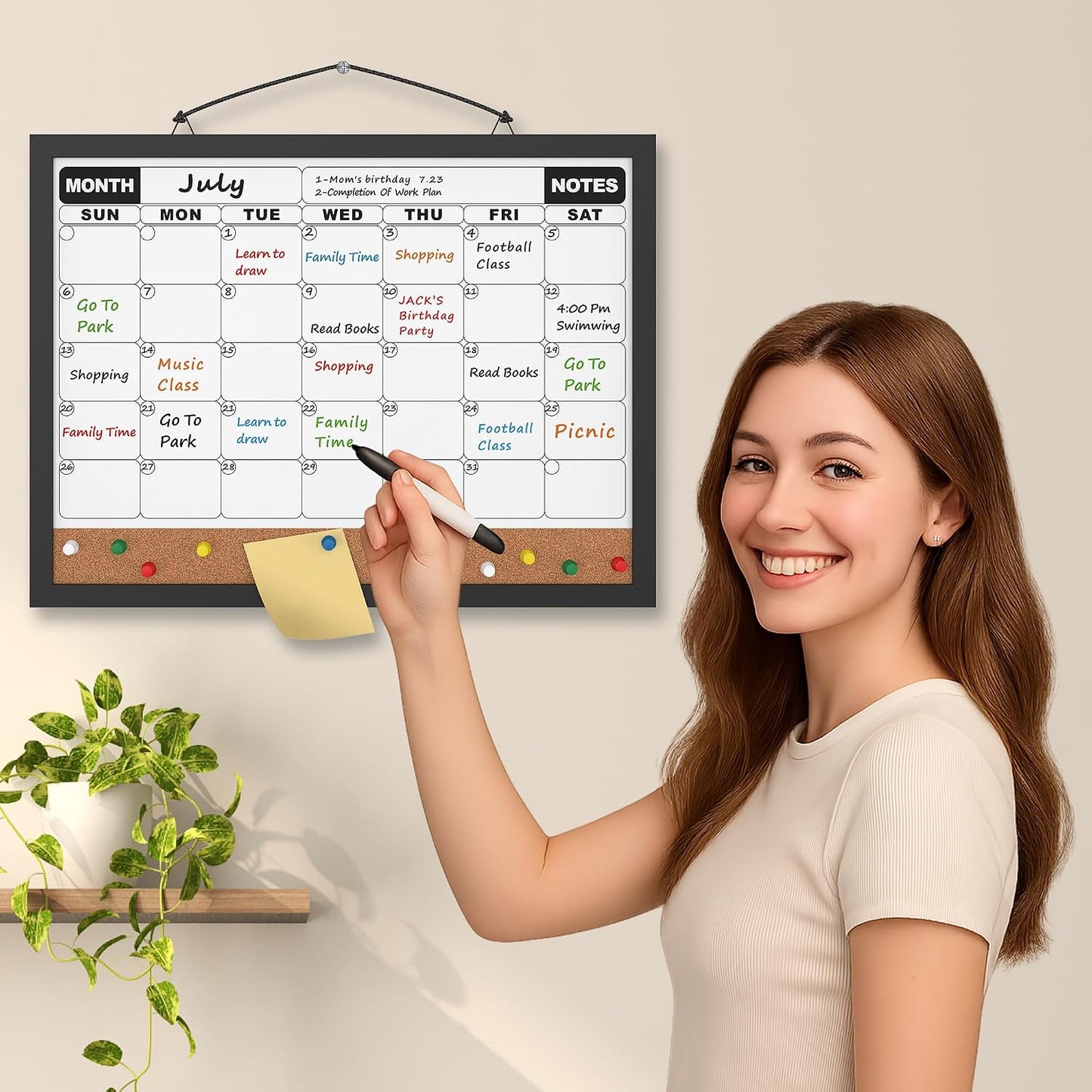 Monthly Calendar Dry Erase Board 16x12 Inch, Double-Sided Whiteboard and Corkboard Combo, Wall Mounted Planner Organizer with Markers, Magnets, Push Pins, Eraser, for Home Office School
