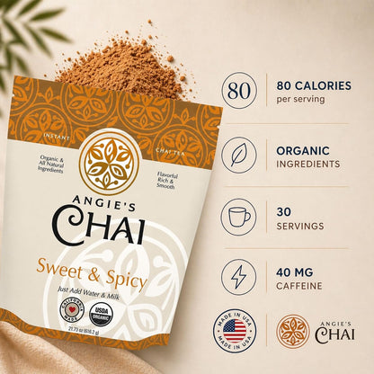 Angie's Chai Sweet & Spicy Organic Instant Chai Tea Powder - Made in USA, Delicious Spiced Mix, 30 Servings, 80 Calories, Handcrafted, Free of Artificial Ingredients, Natural Indian Spice, 12 oz