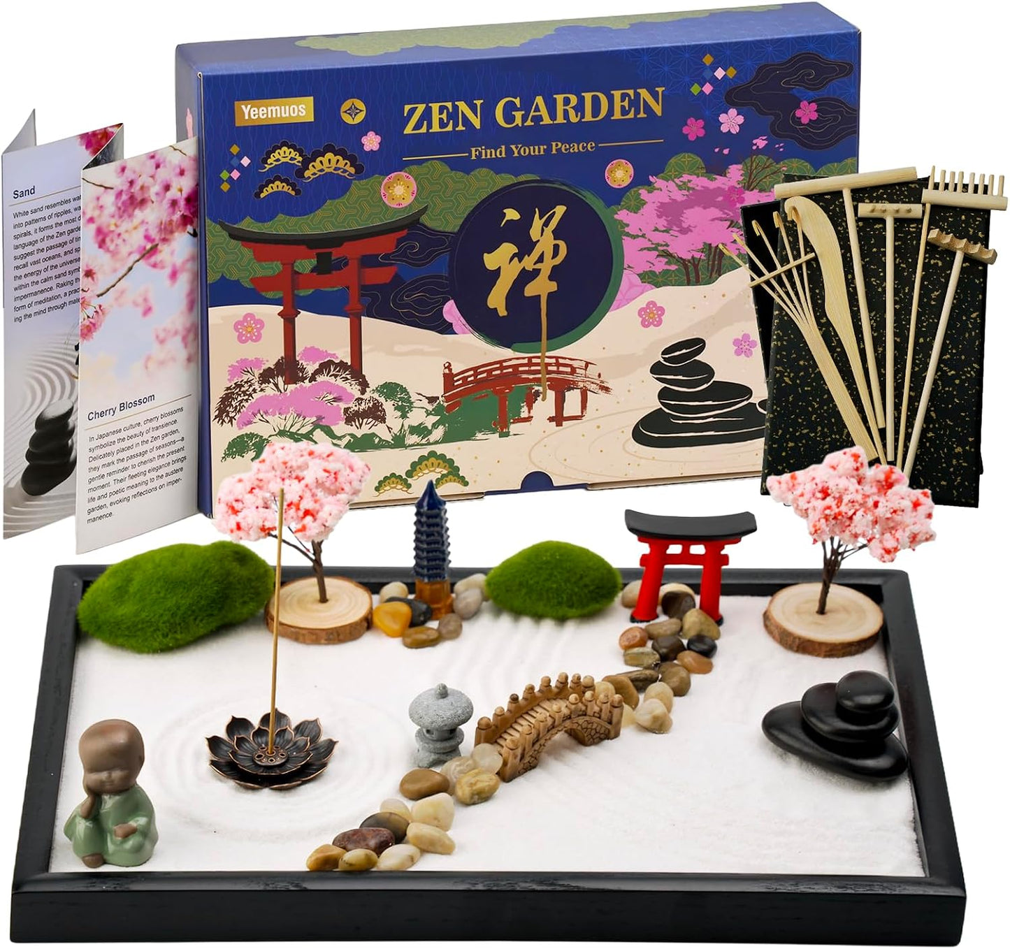Yeemous Mini Zen Garden Kit for Desk, 12x8 Sand Tray with 16 Accessories