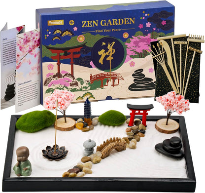 Yeemous Mini Zen Garden Kit for Desk, 12x8 Sand Tray with 16 Accessories