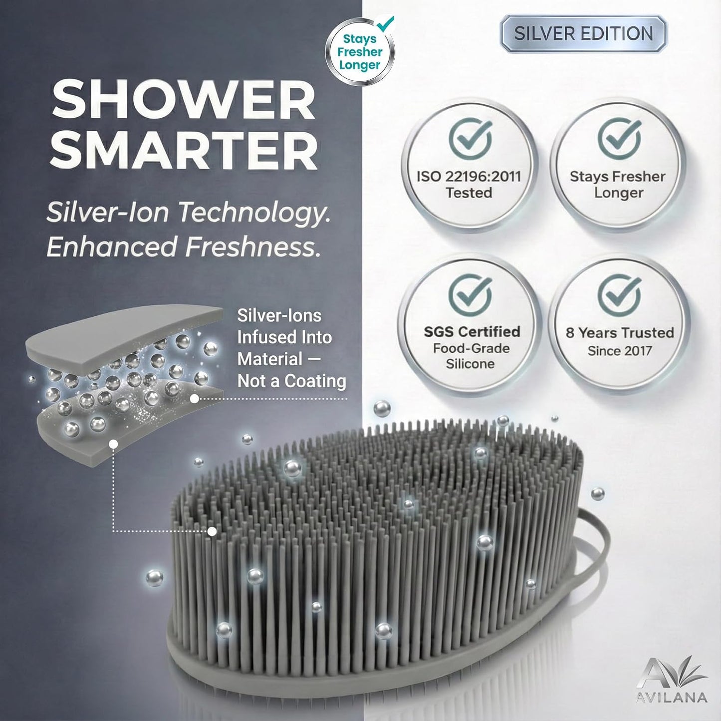 Avilana Premium Silicone Body Scrubber - Trusted Since 2017 - SGS Certified Food Grade Dual Sided Bath Brush, Quick-Dry Exfoliating Loofah Alternative, Massage Brush Sensitive Skin Women Men