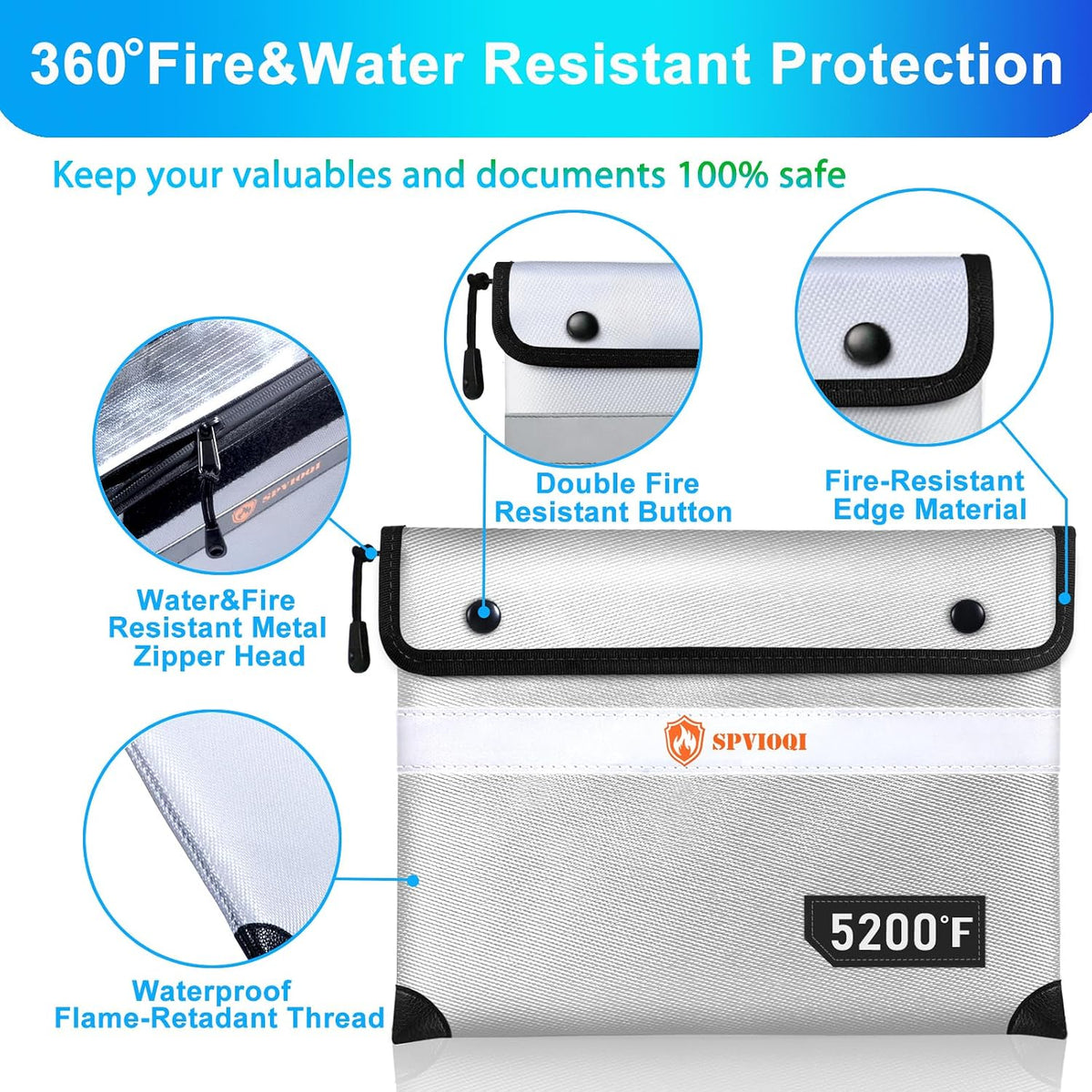 Upgraded 5200°F Fireproof Document Bag with Heat Insulated, Water Fire Proof Bags with Zipper,8 Layers of Functional Materials and Reflective Strip, Fireproof Money Bag for Cash/Documents/Valuables