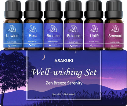 ASAKUKI Essential Oils for Diffuser –6 Mood Essential Oil Blends (Breathe, Uplift, Sensual, Balance, Unwind, Rest) for Morning to Night Rituals, Home & Daily Use-Thoughtful Gift