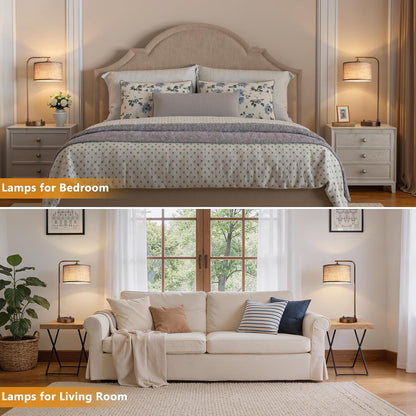 Innqoo Bedside Table Lamps for Bedroom Set of 2-Dimmable Nightstand Lamps with USB Port and Outlet,Modern Gold Lamps with Linen Shade,Tall Desk Lamps for Home Office Bedroom Living Room End Table