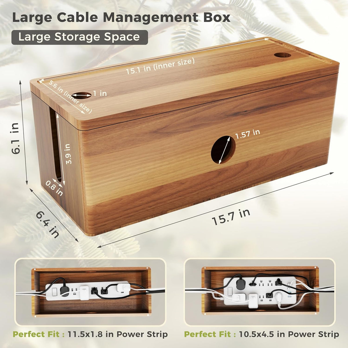 Large Cable Management Box Acacia Wood Cord Organizer Power Strip & Cables