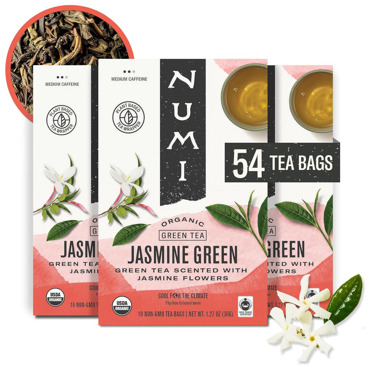 Numi Organic Jasmine Green Tea, 54 Green Tea Bags with Real Jasmine Flowers
