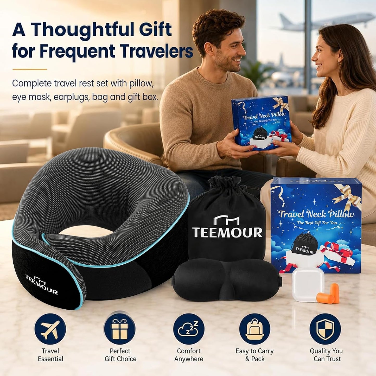 Travel Pillow Neck Pillow for Airplane Travel Essentials - Memory Foam Travel Neck Pillow, Stops Head Bobbing With Eye Mask & Earplugs, Portable Carry Bag for Long Flights| Airplane Accessories Black
