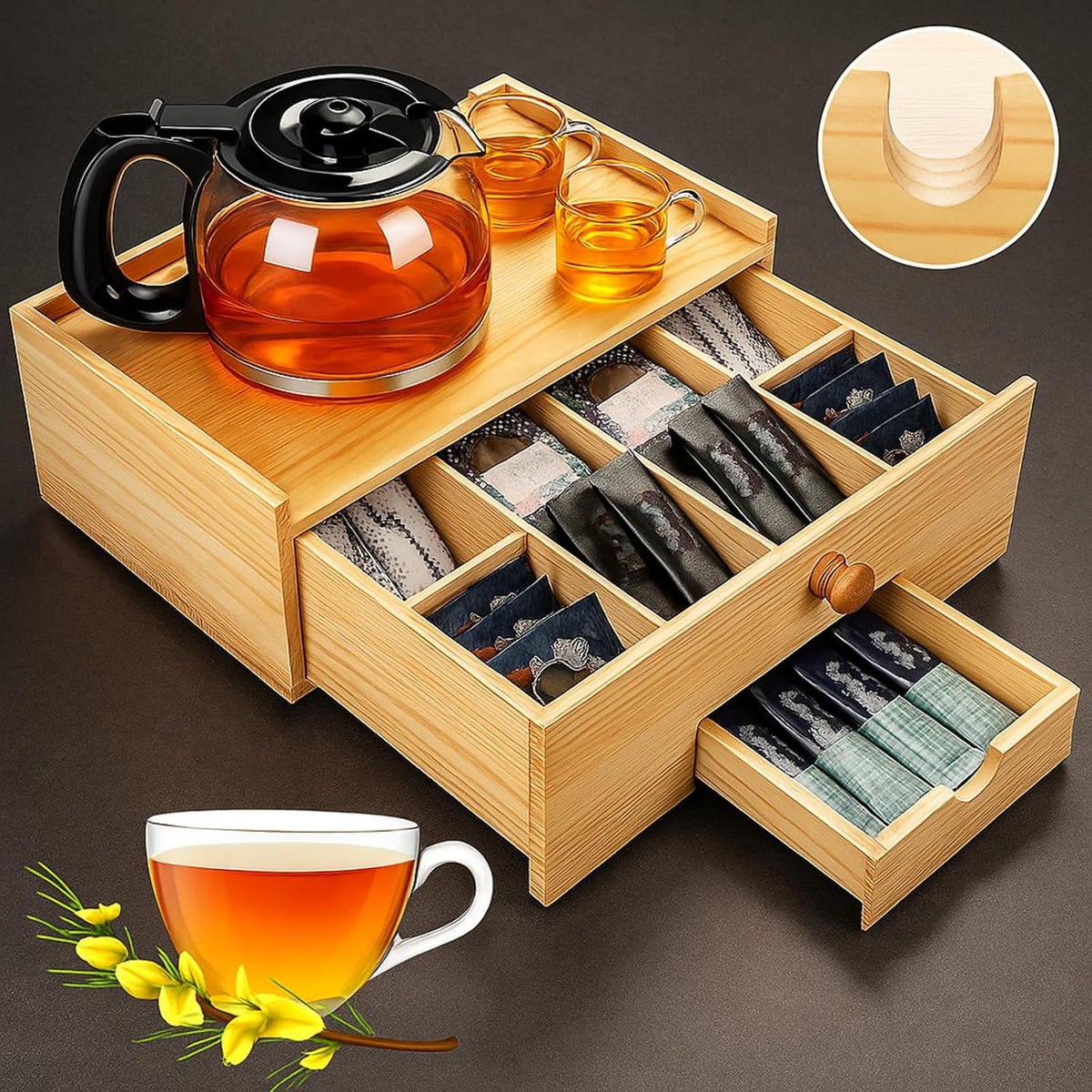 Cinnvoice Tea Bag Organizer Wooden Tea Storage Box, Black