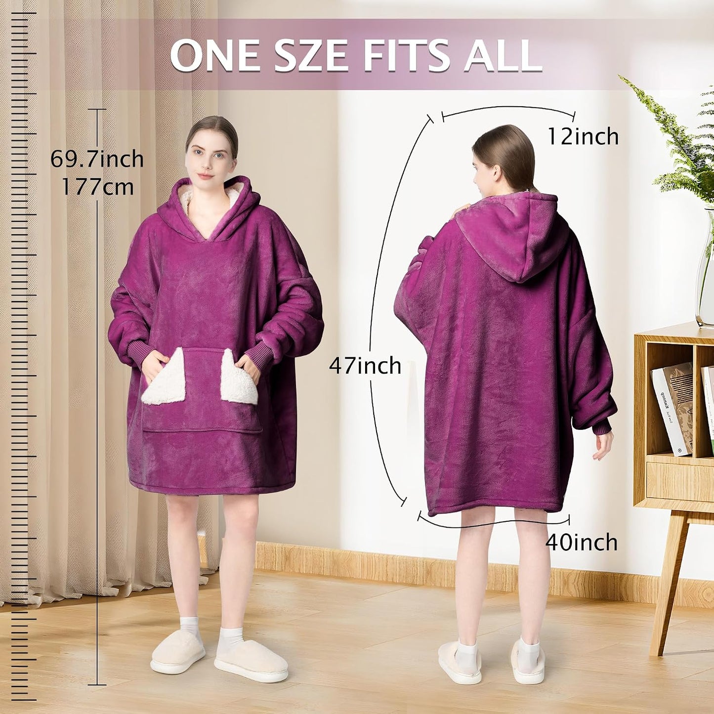 Touchat Wearable Blanket Hoodie, Oversized Sherpa Blanket Sweatshirt with Hood Pocket and Sleeves, Super Soft Warm Plush Hooded Blanket for Adult Women Men, One Size Fits All (Pink)