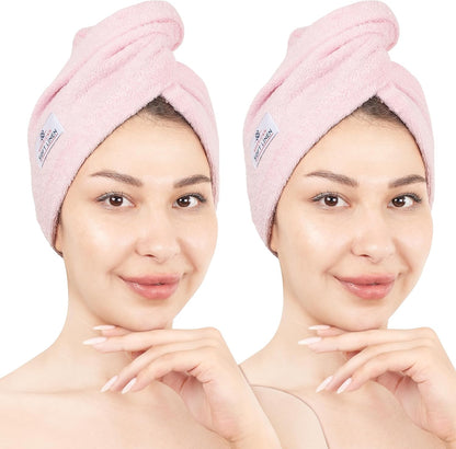 American Soft Linen 100% Cotton Hair Towels for Women, Head Towel Cap, Cotton Hair Turban Towel Wrap for Long Curly Anti Frizz Hair, Soft and Absorbent Cotton Hair Towels 2 Pack, White