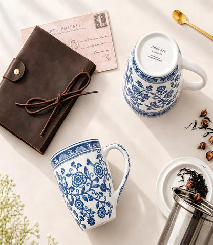 AmorArc 18oz Porcelain Tea Mug with Infuser & Lid, Loose Leaf Tea Cup with Stainless Steel Strainer, Large Coffee Mug Gift for Women, Tea Lovers, Home & Office