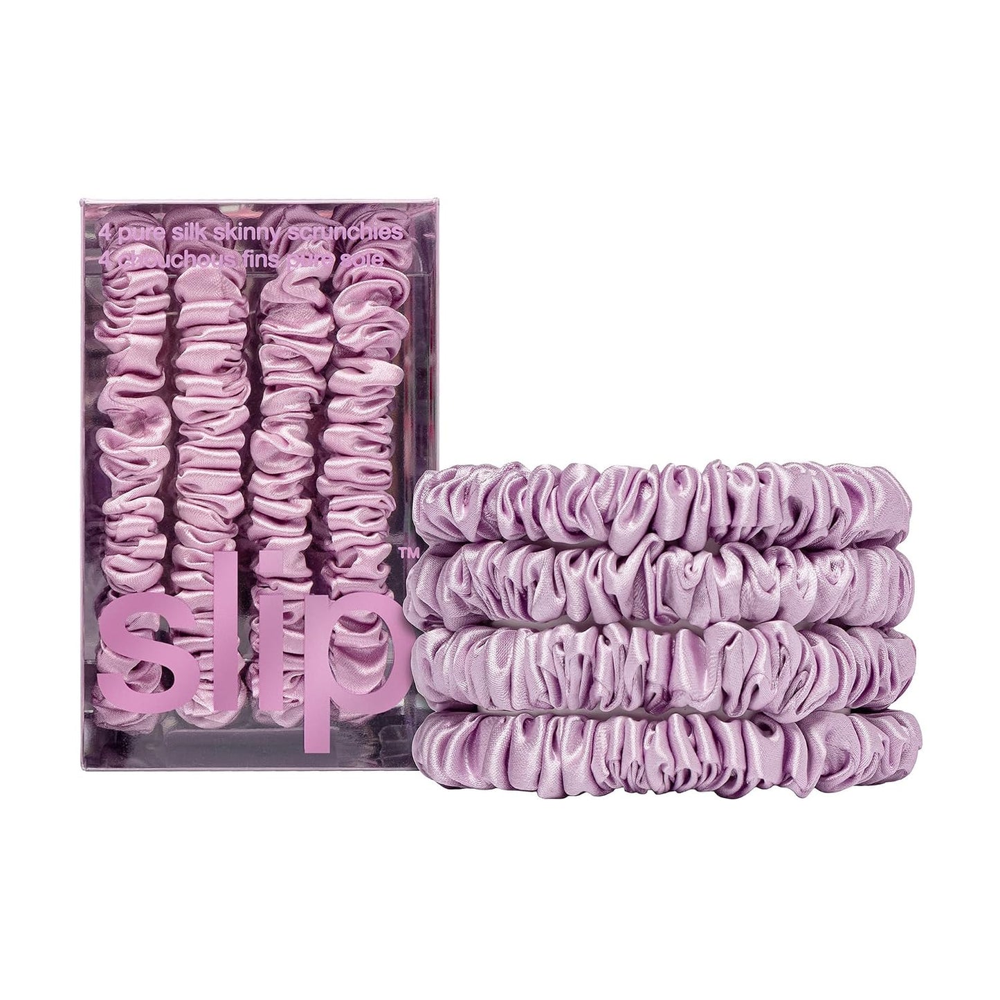 Slip Silk Hair Ties — Skinny Silk Black Scrunchies, No Damage, No Crease, Anti-Breakage |100% Mulberry Silk | All Hair Types | Made with Proprietary Slipsilk™ | Set of 4