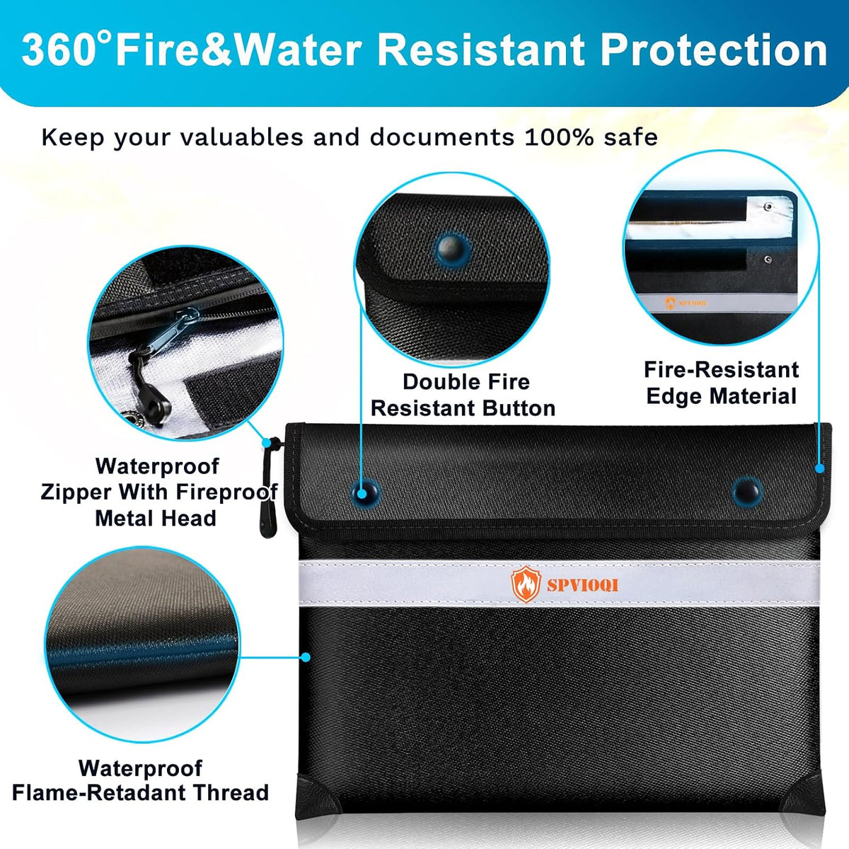 Upgraded 5200°F Fireproof Document Bag with Heat Insulated, Water Fire Proof Bags with Zipper,8 Layers of Functional Materials and Reflective Strip, Fireproof Money Bag for Cash/Documents/Valuables