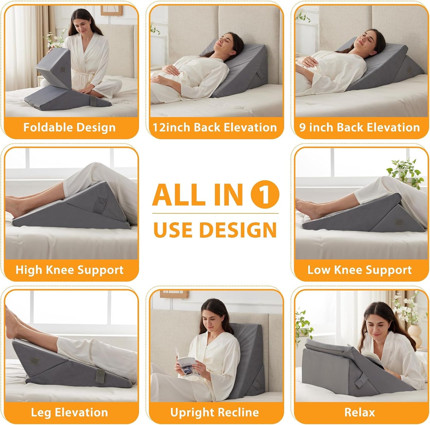 Ruqmuis 3PCS Wedge Pillow Set for After Surgery, Adjustable 9&12 Inch Bed Wedge Pillow for Sleeping, Incline Pillow Wedge for Headboard, Post Surgery, Acid Reflux, Neck&Back Support, White/Grey