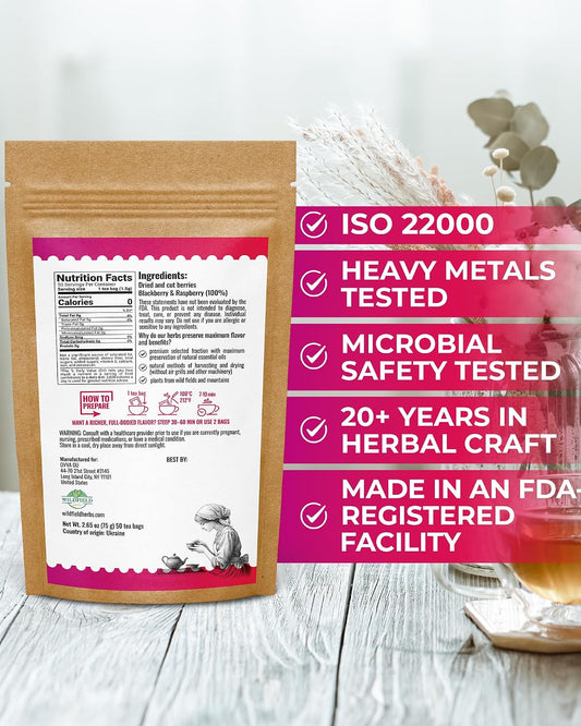 50 Bags Blackberry & Raspberry Fruit Tea Blend (Rubus Fruticosus, Rubus Idaeus) - 50 Count 1.5g Bags Mixed Berry Fruit Infusion Té De Mora Y Frambuesa