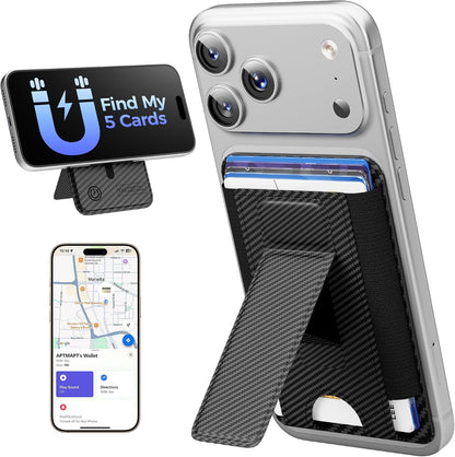 for MagSafe Wallet, Works with Apple Find My, 5-Card RFID Holder with Stand Also Grip, Strong Magnetic Wallet for iPhone 17/16/15/14/13/12 Pro Max Air Plus, Wireless Charging, Black