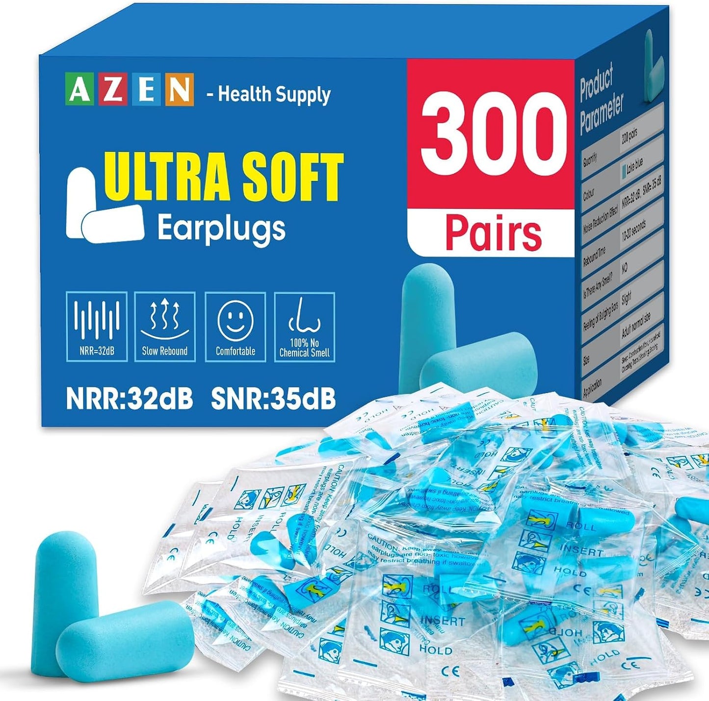 AZEN 100 Pairs Ear Plugs Bulk, NRR 32dB Soft Foam Ear Plugs for Sleeping Noise Cancelling, Earplugs for Concerts Shooting Swimming Noise Reduction (Lake Blue)