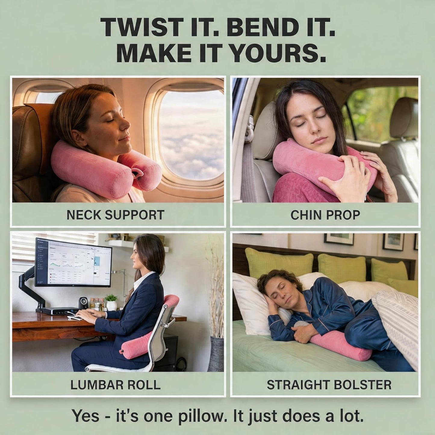Dot&Dot Twist Memory Foam Travel Pillow, Bendable Neck Pillow for Airplane, Car and Home, 26-Inch Adjustable Roll with Washable Cotton Cover, Gray