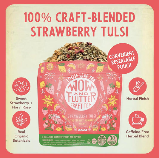 Wow and Flutter Strawberry Tulsi Loose Leaf Herbal Tea Caffeine-Free 1.75oz