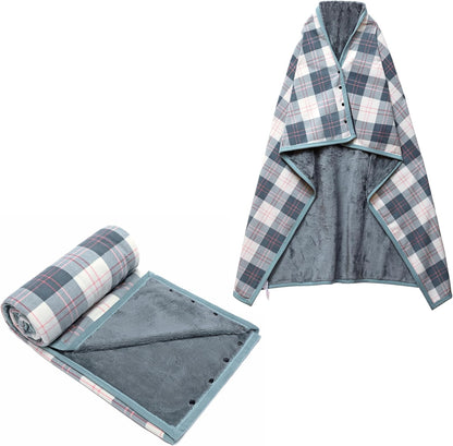 forestfish Fleece Wearable Blanket, Plaid Lap Blanket Comfy Poncho Throw with Buttons for Bed Sofa Office, Grey-White