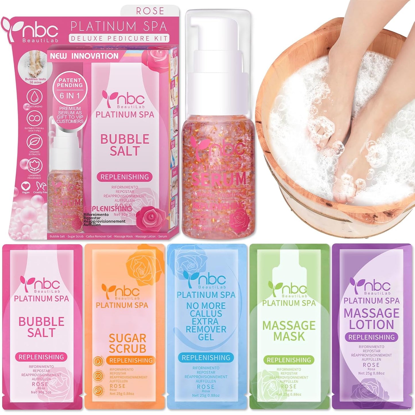 Pedicure Kit Foot Soak Set: Bubble Salt, Sugar Scrub, Massage Mask, Massage Lotion in a Box, 4 Step Foot Spa Kit for Dry Feet, Softens Calluses, Tired Feet（3 Set Lavender) - Colors B