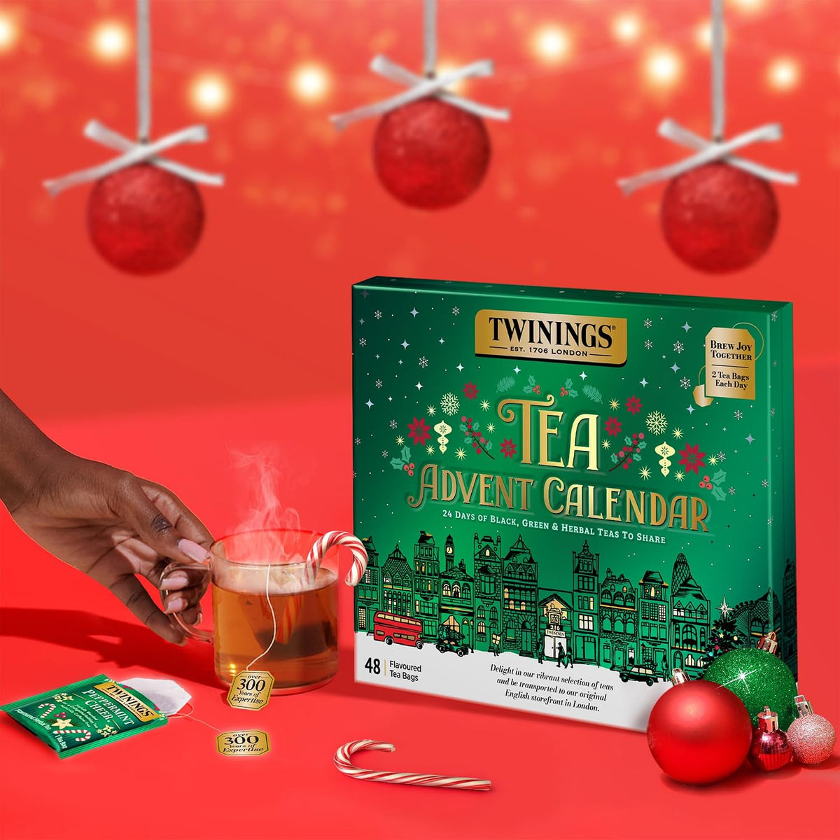 Twinings Tea Advent Calendar Gift Set, 24-Day Holiday Sampler with Black, Green & Herbal Teas, Christmas Countdown Box for Tea Lovers, Brew Joy Together, 48 Count (Pack of 1), 48 Tea Bags