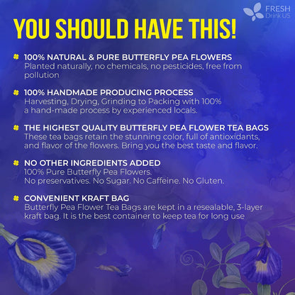 FreshDrinkUS, Premium Butterfly Pea Flowers Tea, 75 Count, Caffeine Free