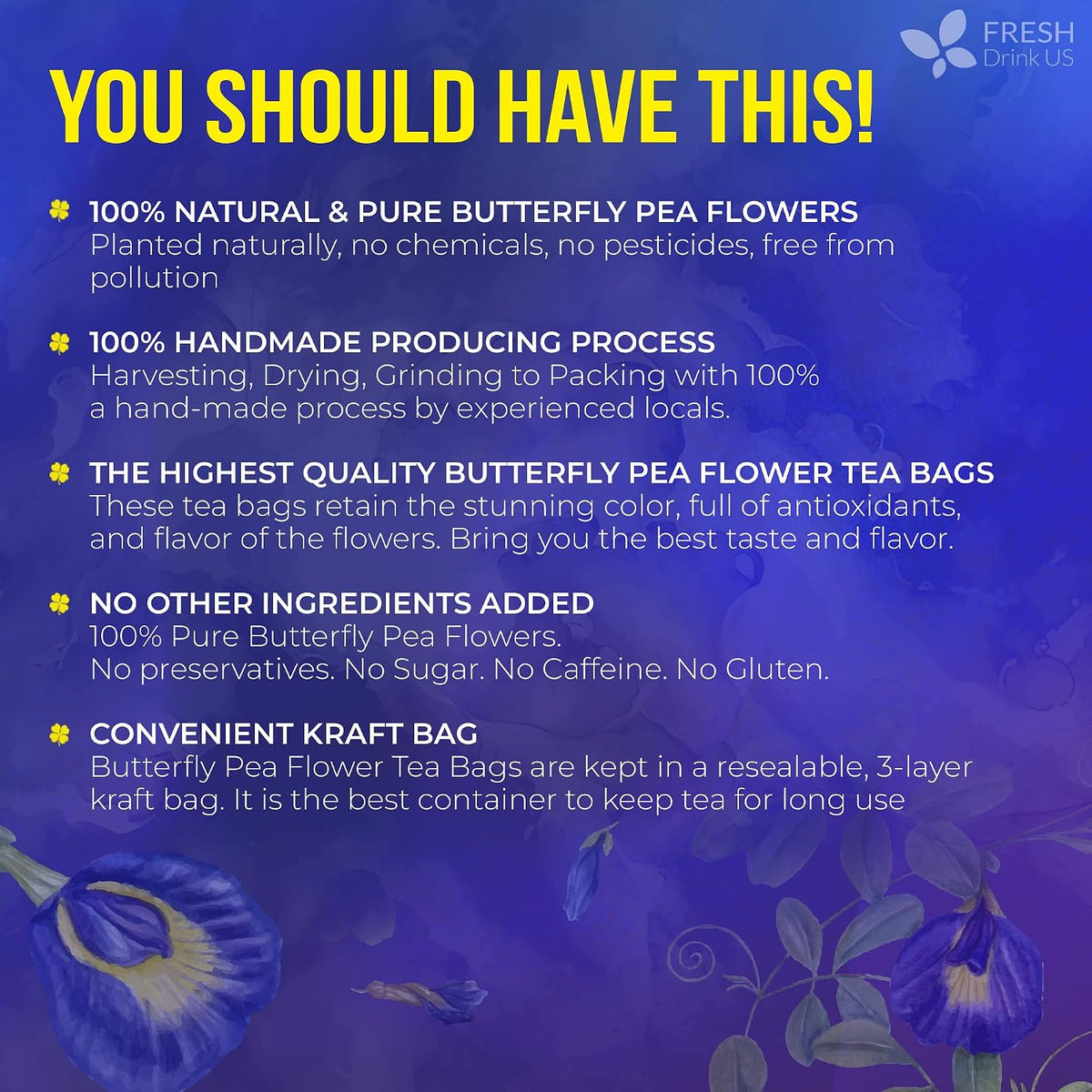 FreshDrinkUS, Premium Butterfly Pea Flowers Tea, 100 Count, Caffeine Free