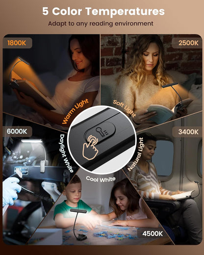 Glocusent 26 LED Rechargeable Book Light for Reading in Bed, Eye-Caring 5 Amber Colors and Stepless Dimming, Lasts 1 Week to a Months, Travel Clip on Lamp Gifts for Book Lovers, Men, Women & Kids