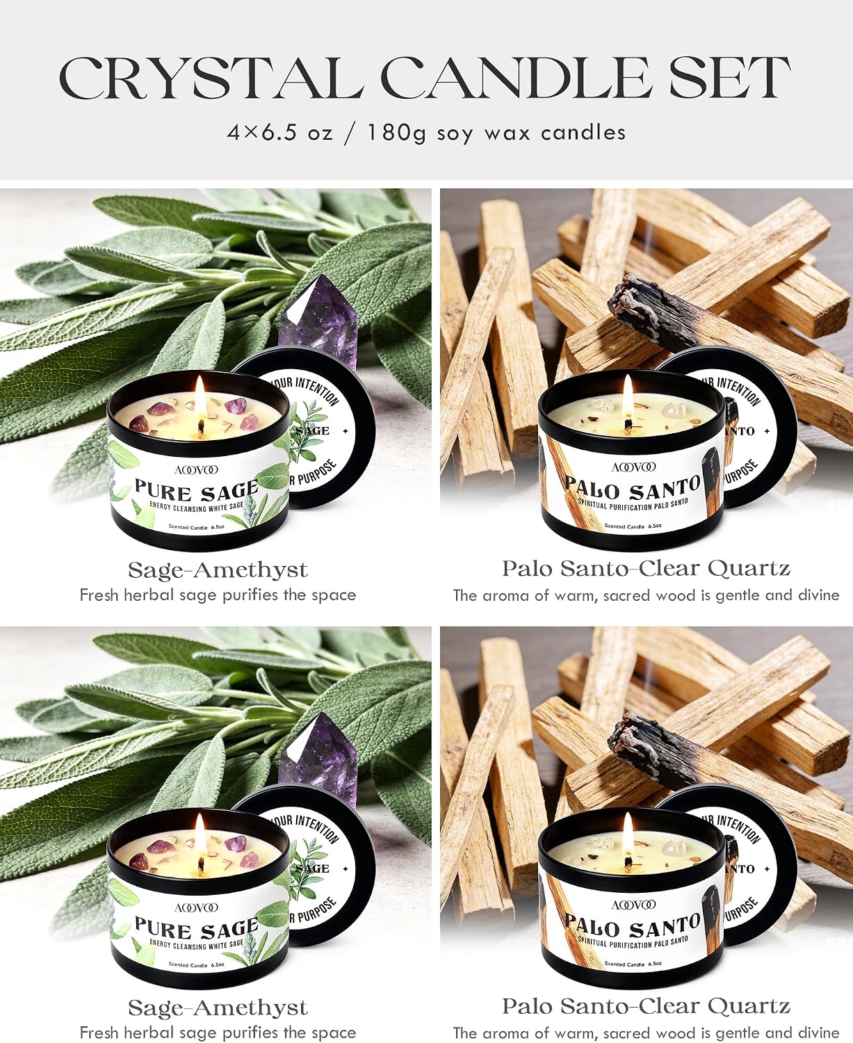 AOOVOO Sage Candle for Cleansing - 3 Wick 12oz Large Scented Candle with Crystals & Sage Leaves Inside, Soy Candles Non Toxic for Meditation Spiritual Gift, Aromatherapy Candle for Women Men