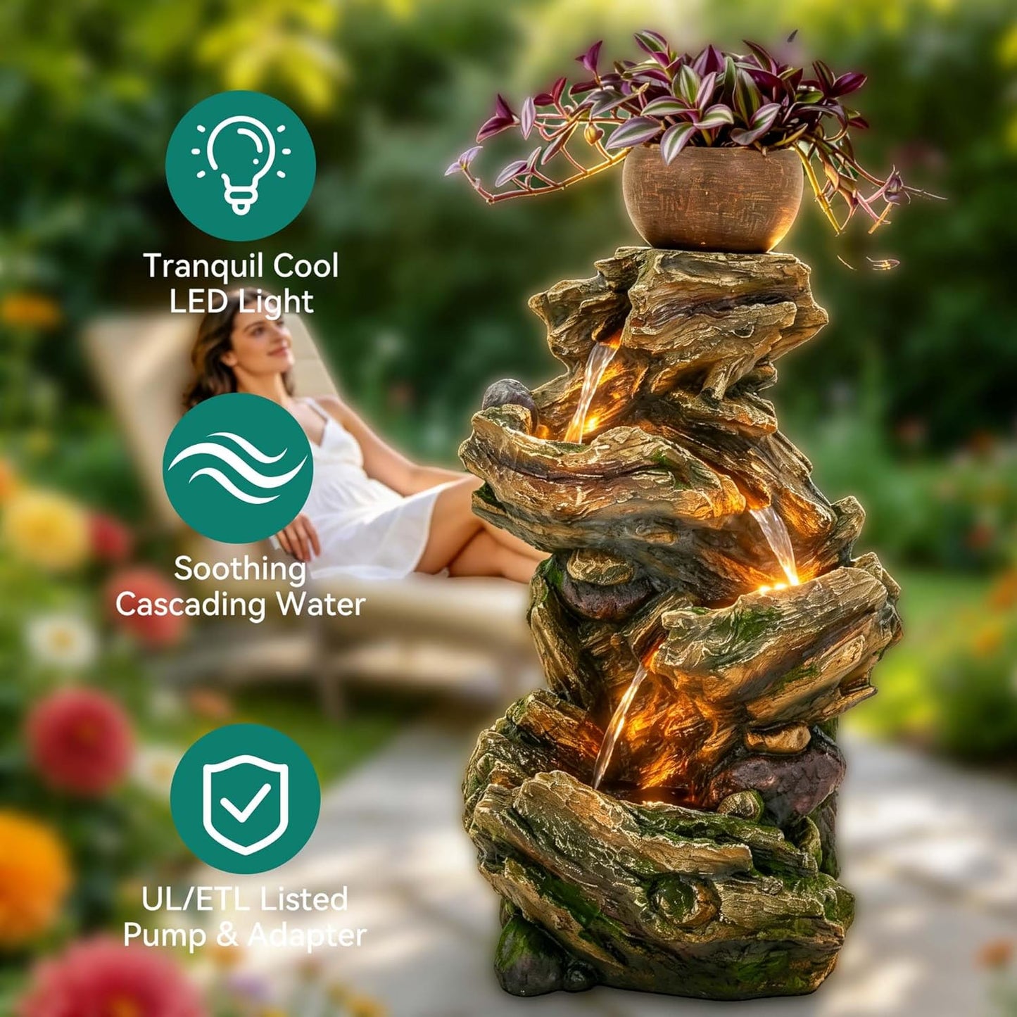 19.5" H 4-Tier Indoor & Outdoor Water Fountain with LED Lights | Resin Pebble Textured Tabletop Cascading Water Feature, Relaxing Decor for Patio, Porch, Deck, Yard & Home