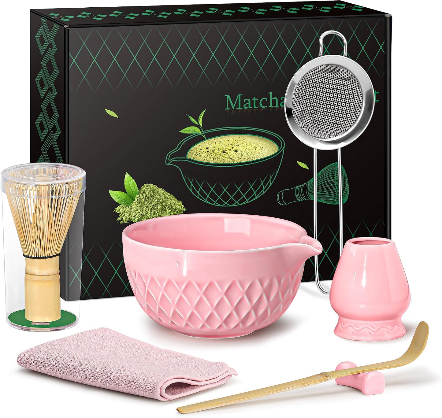 Matcha Whisk Set, 7 Pcs Matcha Kit, Ceramic Matcha Set Includes Matcha Bowl with Spout, Matcha Whisk and Holder, Bamboo Scoop, Scoop Rest, Sifter and Tea Towel (Ceramic White)