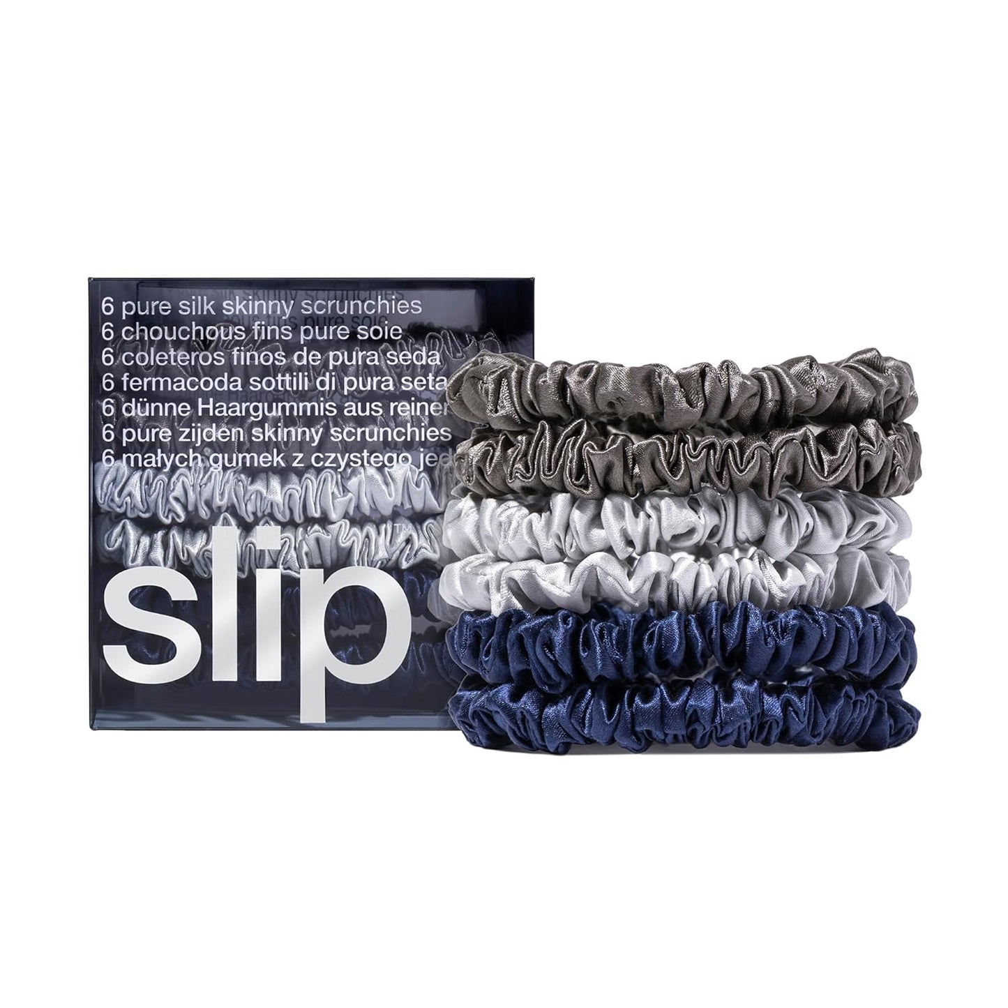 Slip Silk Hair Ties — Skinny Silk Black Scrunchies, No Damage, No Crease, Anti-Breakage |100% Mulberry Silk | All Hair Types | Made with Proprietary Slipsilk™ | Set of 4