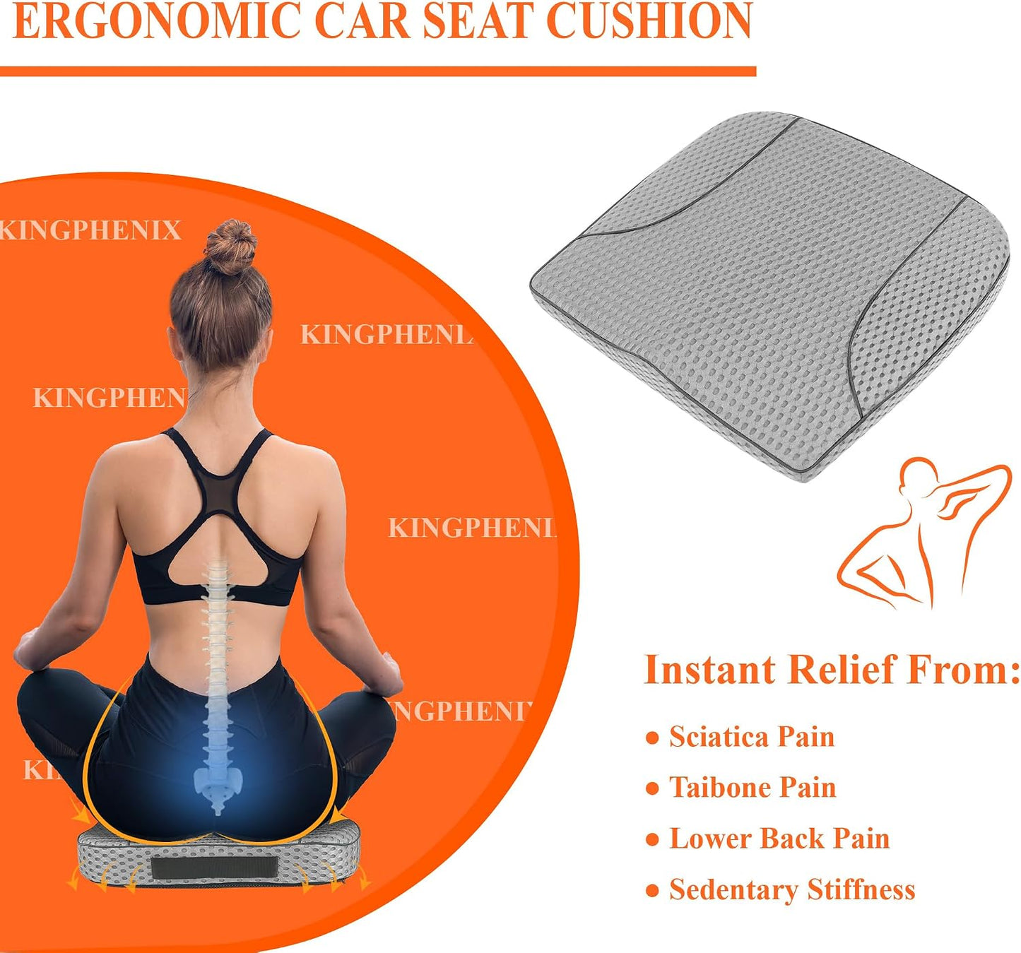 kingphenix Premium Car Seat Cushion, Memory Foam Driver Seat Cushion to Improve Driving View- Coccyx & Lower Back Pain Relief - Seat Cushion for Car, Truck, Office Chair (Leather Black)