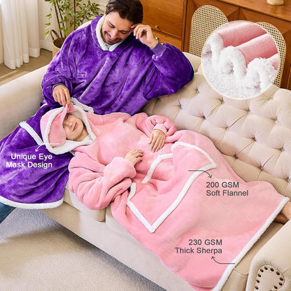 IFNOW Wearable Blanket Hoodie, Oversized Sherpa Fleece Hooded Blanket Sweatshirt with Eye Mask and Pocket, Comfy Long Flannel Blanket for Adults Men,Gifts for Women Mom Girlfriend,MoonFace