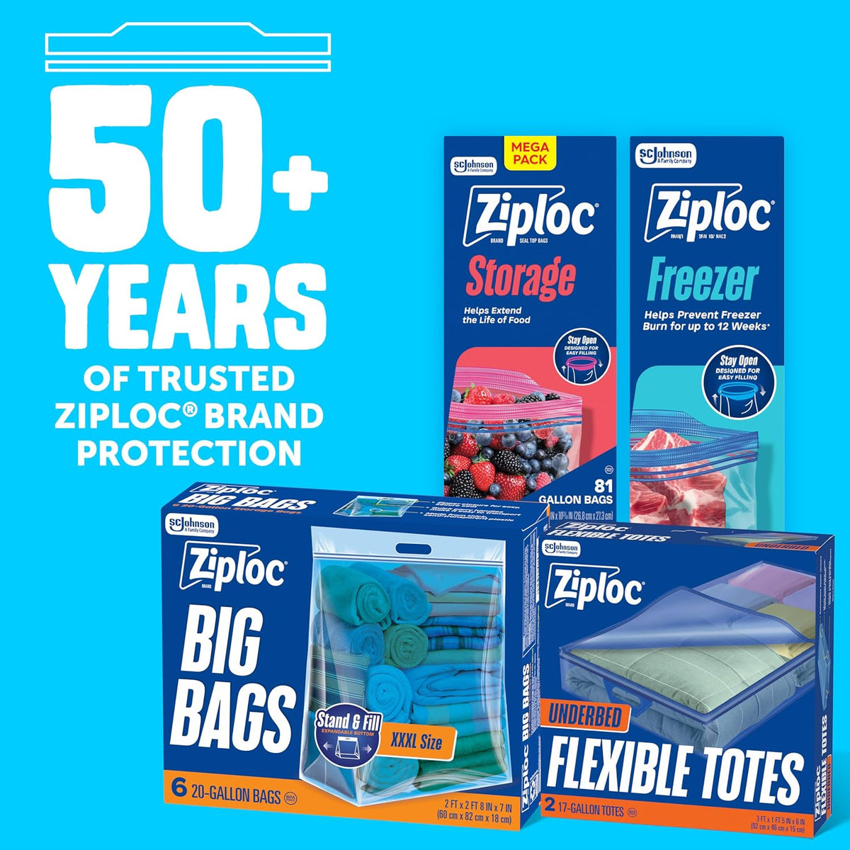 Ziploc Flexible Totes, 22 Gallon X-Large Storage Bags with Zipper, 2 Count