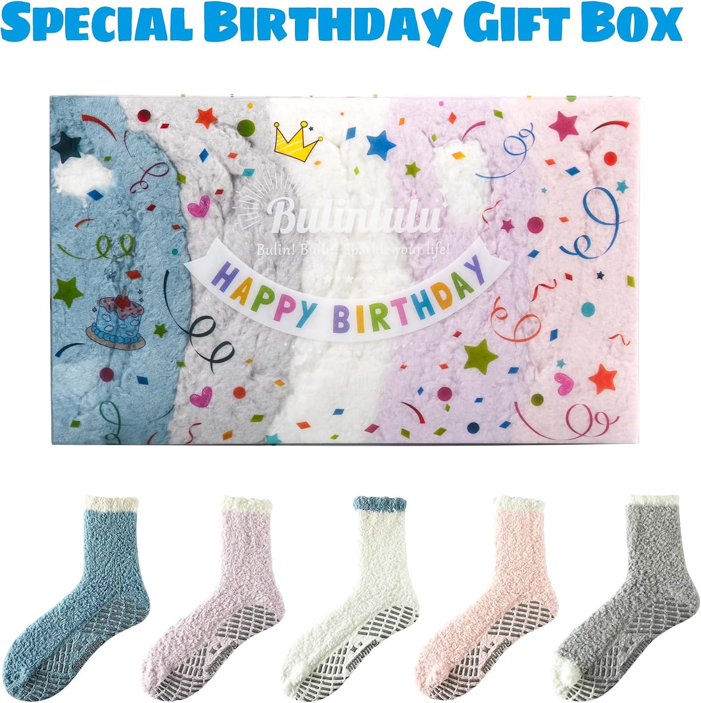 Bulinlulu Fuzzy Socks With Grips for Women, 5 Pairs Non Slip Sleep Warm Fluffy Slipper Socks Gifts for Women