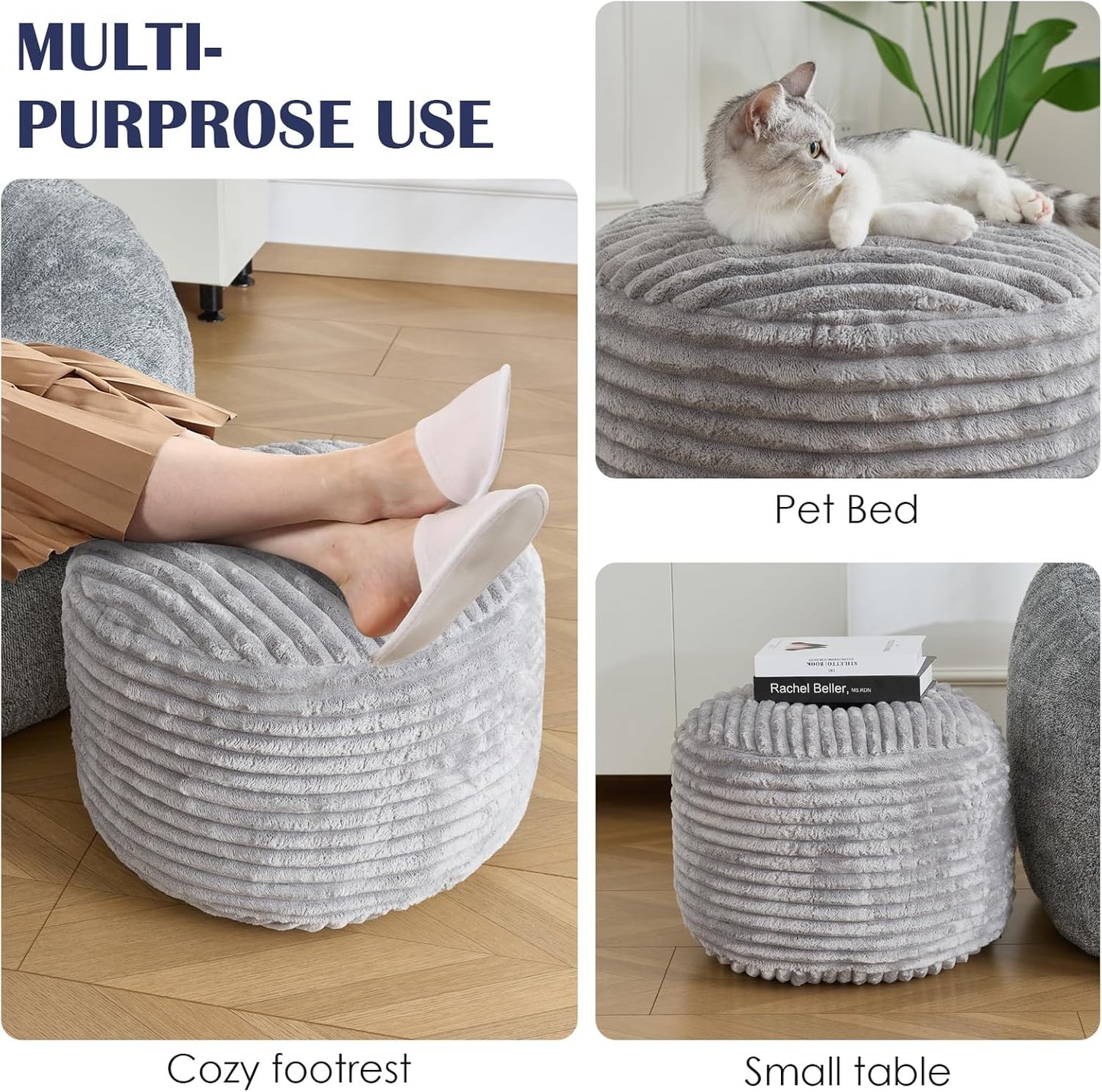 SHOUREN Stuffed Round Ottoman,Corduroy Pouf Ottoman Foot Rest with Foam Filling,Pouf Storage Ottoman Footstool for Living Room,20 X 15 Floor Poufs for Couch,Footrest Only - 20 X 15 Inches,Beige