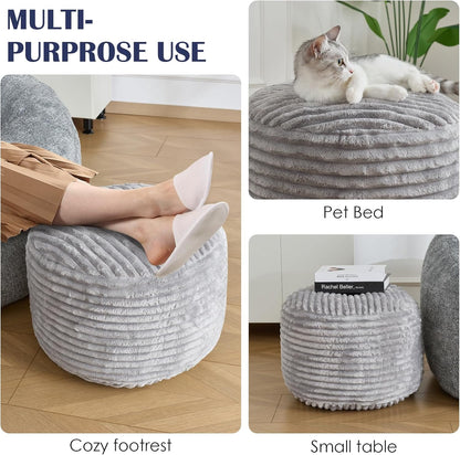 SHOUREN Stuffed Round Ottoman,Corduroy Pouf Ottoman Foot Rest with Foam Filling,Pouf Storage Ottoman Footstool for Living Room,20 X 15 Floor Poufs for Couch,Footrest Only - 20 X 15 Inches,Beige