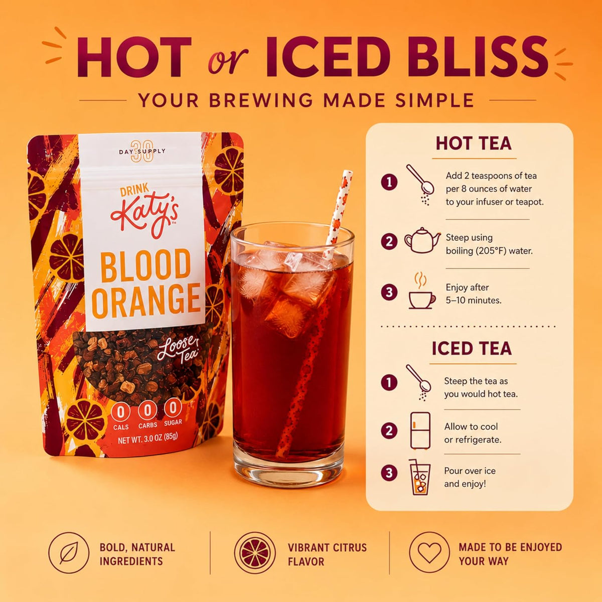 Katy’s Blood Orange Loose Tea - Hibiscus, Orange & Rose Hips - Loose Leaf Herbal Tea, Caffeine-Free, Sugar-Free - Hot or Iced Tea - 30+ Cups