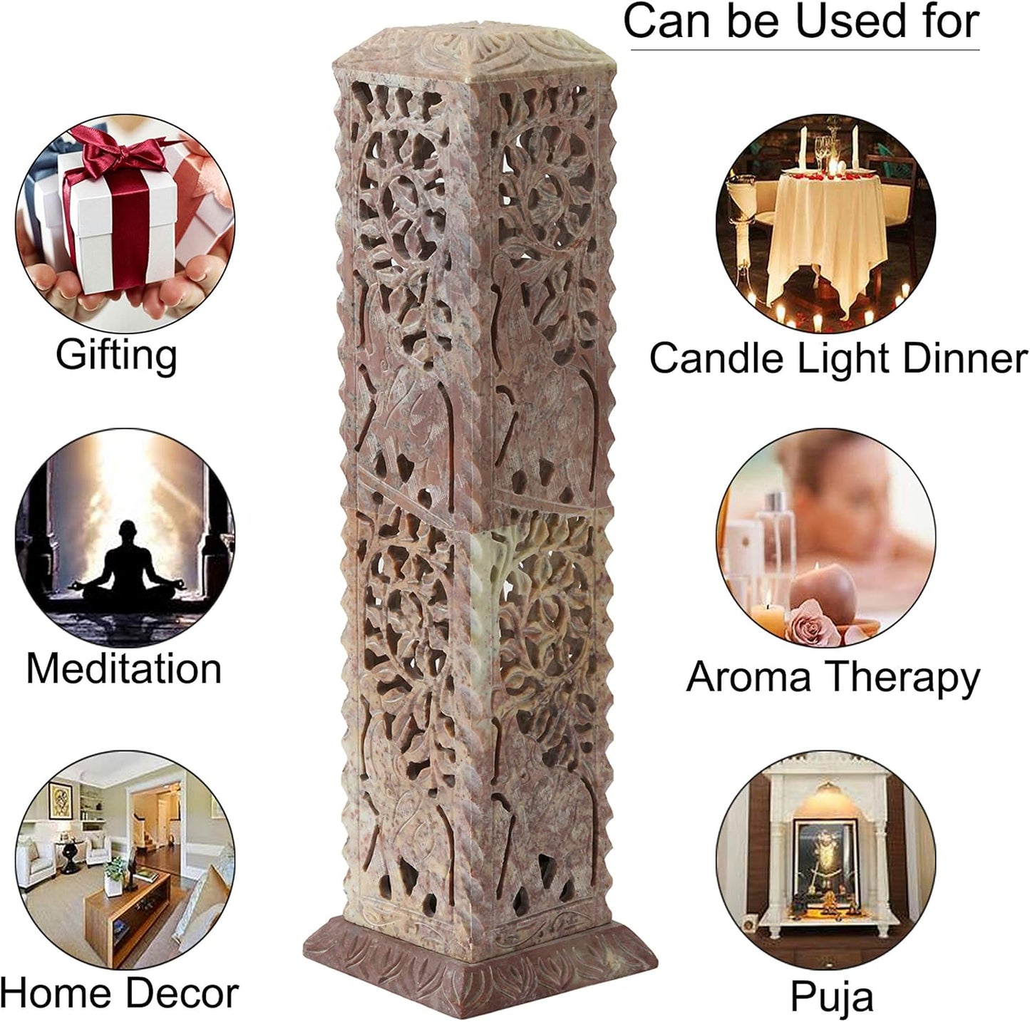 Carry Me Handmade Marble Soapstone Incense Stick Burner | Candle Stick Holder, Tea Light Stand, 3 x 3 x 11 Inches, Decorative Home and Kitchen Decor, Perfect for Gifting