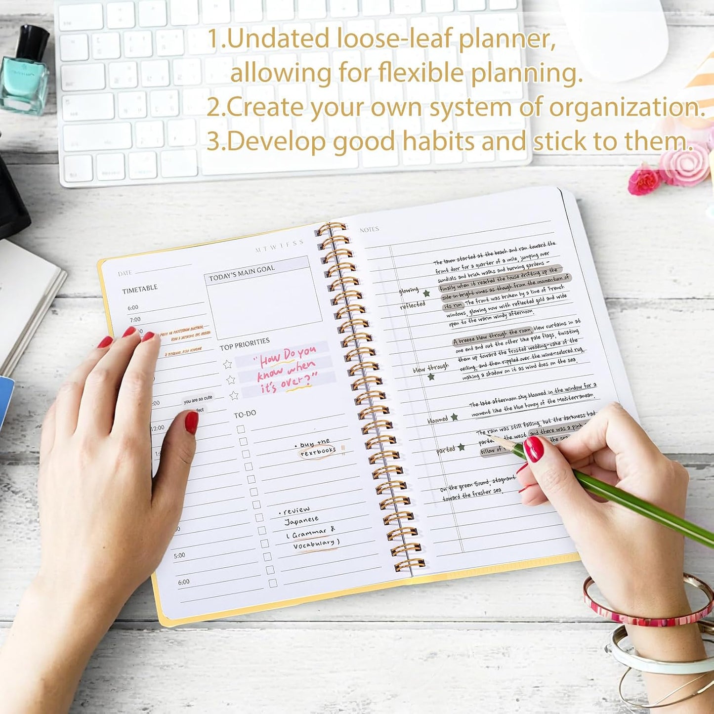 Thboxes Undated Daily Planner with Hourly Schedule, 5.71" X 8.35" Daily To DO List Noteboook Set Goals A5 Daily Personal Organizer Notepad for School Work Office Improve Efficiency Planner, Green