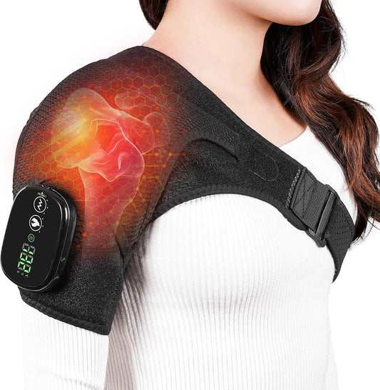 Cordless Shoulder Heating Pad & Massager, Electric Heated Shoulder Brace Wrap, Heating Pads for Rotator Cuff and Frozen Pain Relief,5000mAh Chargeable Powered, Men & Women(Black)
