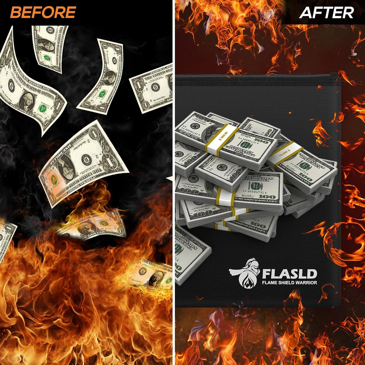 FLASLD Large Fireproof Document Bags, 24x12x12” Waterproof Storage Firesafe Bag, Fireproof Folder Safe Box for Cash, Valuables & Passport, Silicone Coating & Zipper Closure