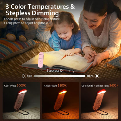 Akomid USB Rechargeable Book Light for Reading in Bed, 8 LEDs Bookmark Style Clip on, Eye-Cared Amber Light Mode for Kids, Blue Light Blocking, Stepless Dimming,Khaki