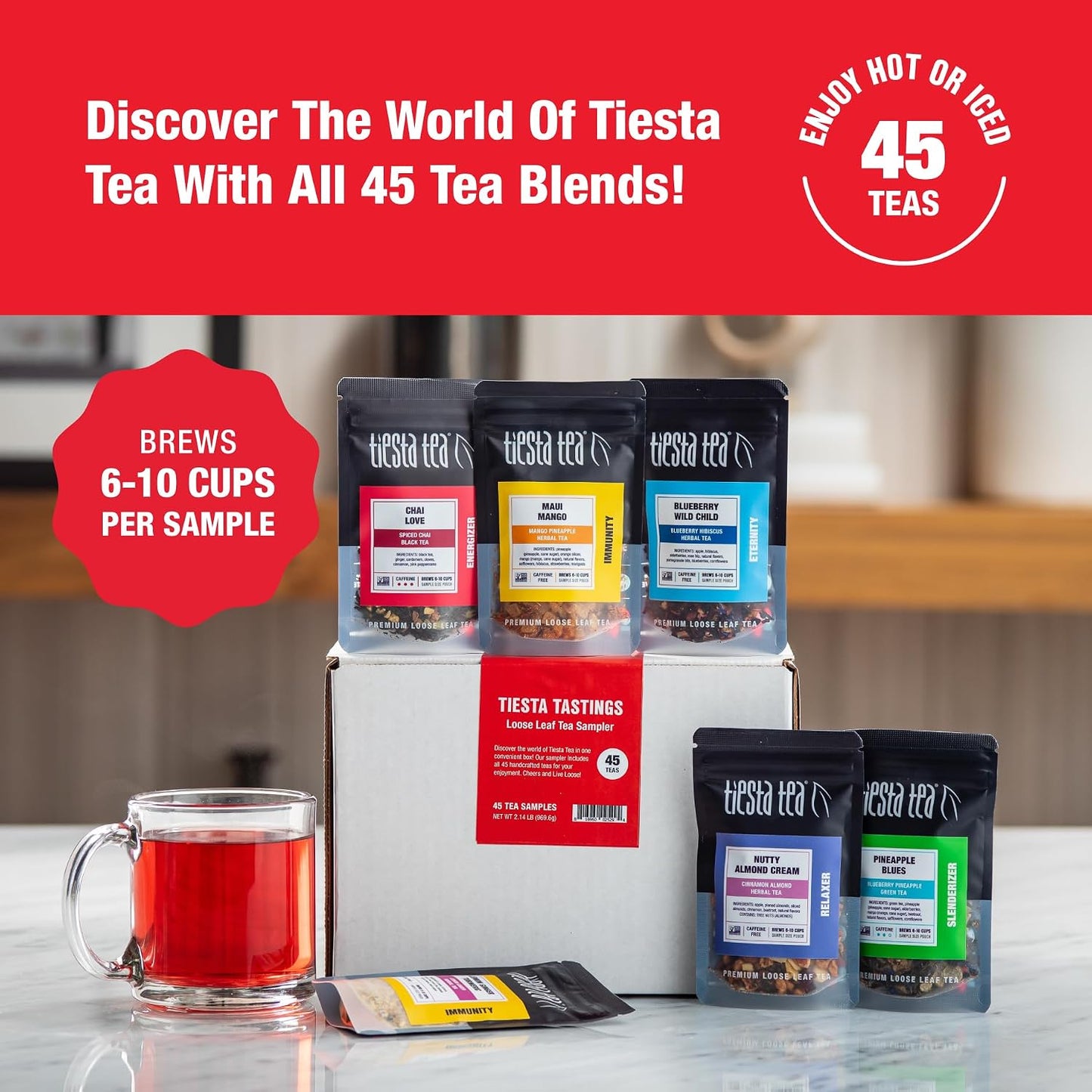 Tiesta Tea - Discovery Sampler Dry Flight Set, Loose Leaf, High to No Caffeine, Hot & Iced Up to 200 Cups, Tea Variety Pack with Green, Herbal, Black & Chai Brew, 20 Resealable Sample Pouches