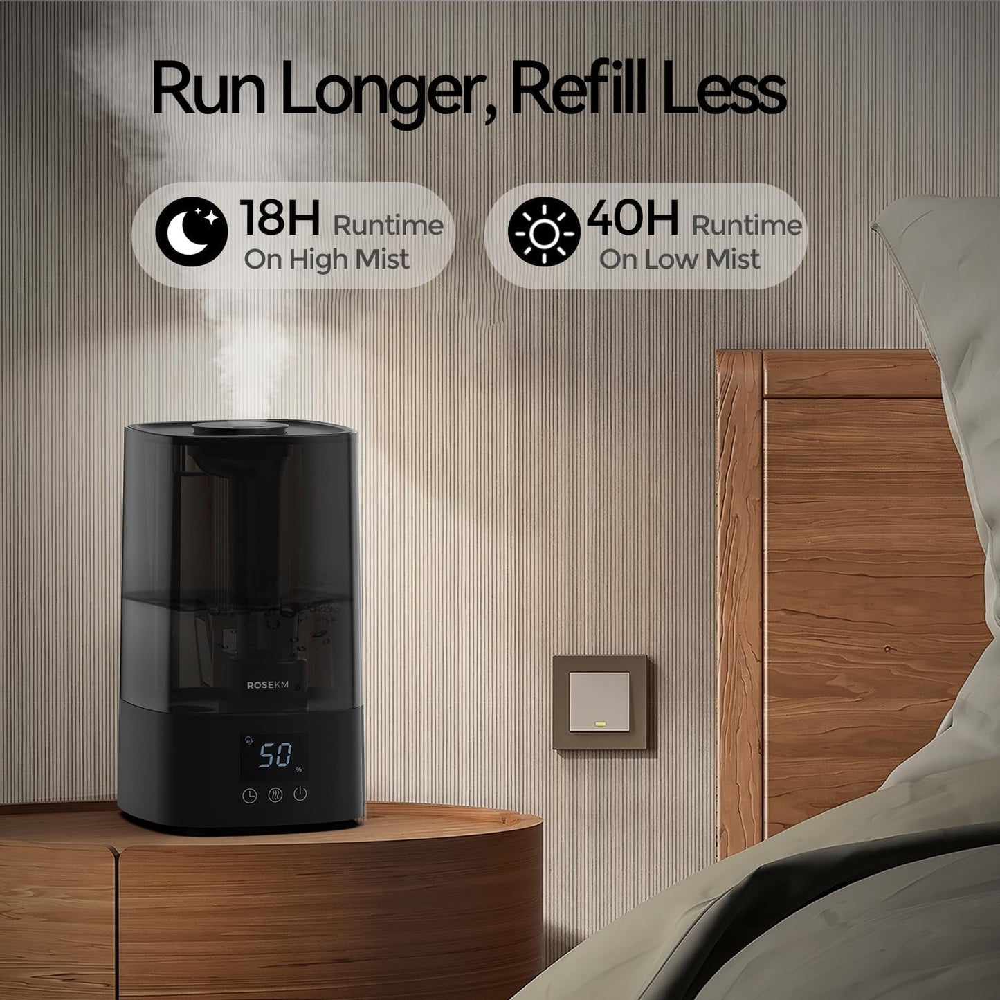 ROSEKM Humidifiers for Bedroom (1.1L), Small Cool Mist Humidifier for Home Plant and Baby Nursery, Quiet Ultrasonic Humidifier with 360° Nozzle, Auto Shut-Off, Filterless, Black
