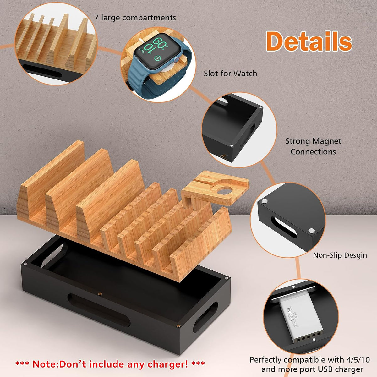 Pezin & Hulin Bamboo Charging Station with 5 Cables-Natural Bamboo