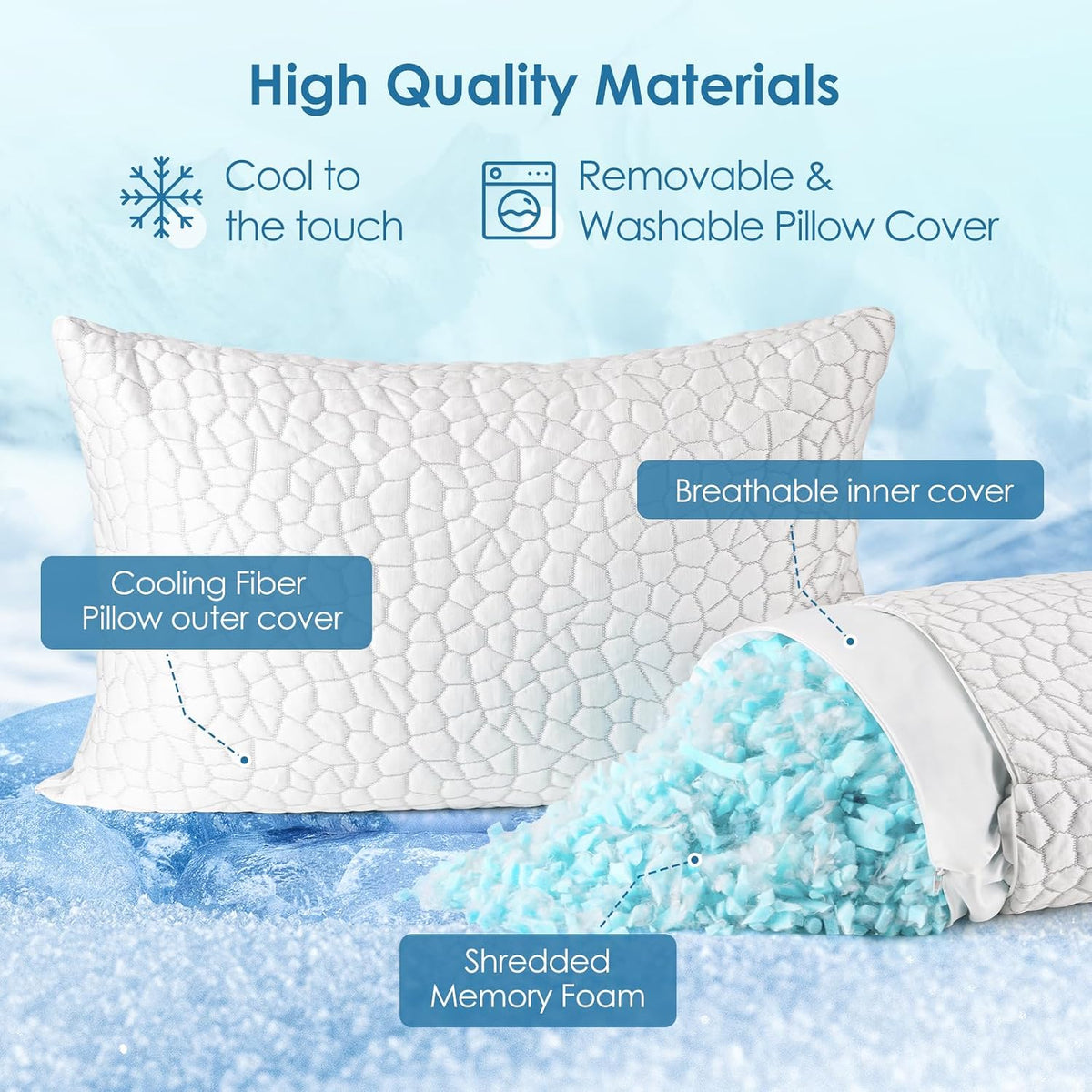 SUPA MODERN Cooling Pillow Queen Size Set of 2, CertiPUR-US Shredded Memory Foam Pillows for Sleeping, Cool Bed Pillows for Hot Sleepers, Adjustable Firm Pillow for Side,Back,Stomach Sleepers