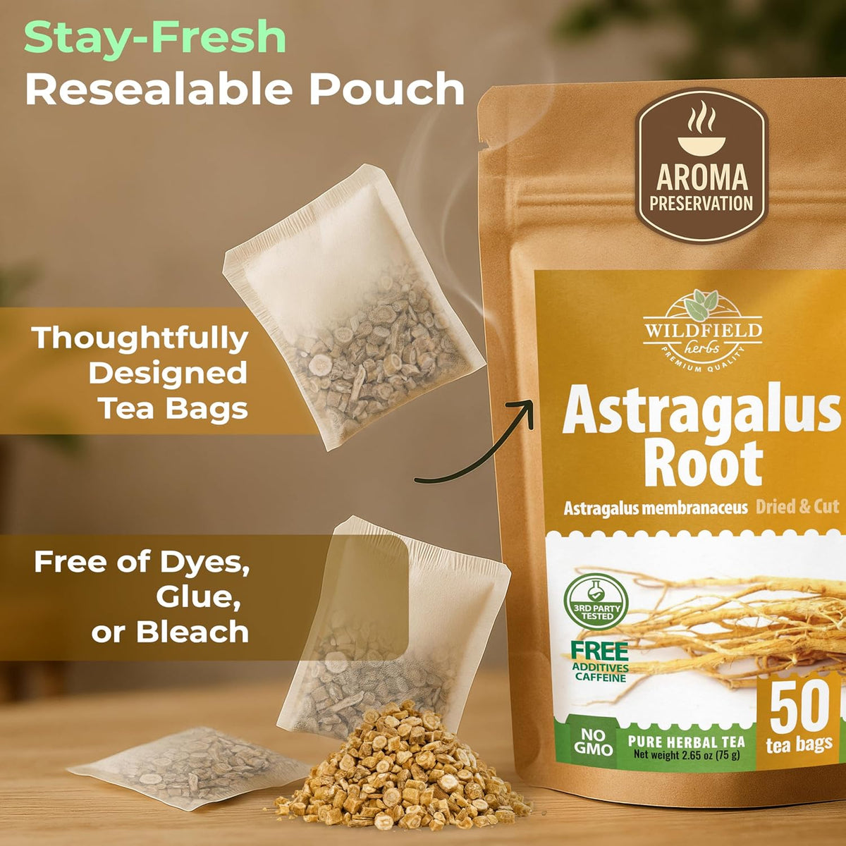 WILDFIELD HERBS 50 Bags Astragalus Root Herbal Tea – 50 Tea Bags 1.5g Astragalus Root Huang Qi